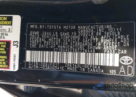 2011 Toyota Corolla S from USA, damaged, VIN 2T1BU4EEXBC726448